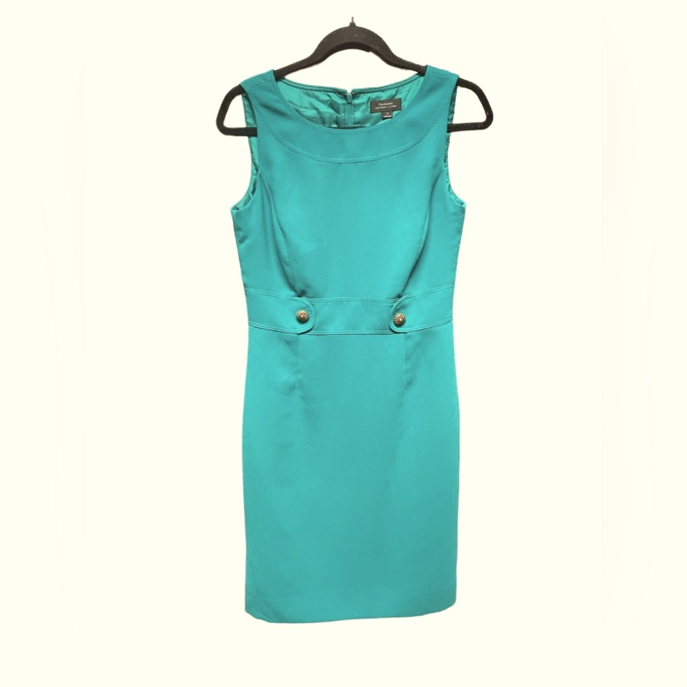 Tahari Arthur Levine Womens Teal Sheath Dress Size‎ 4  2 Gold Buttons in Front